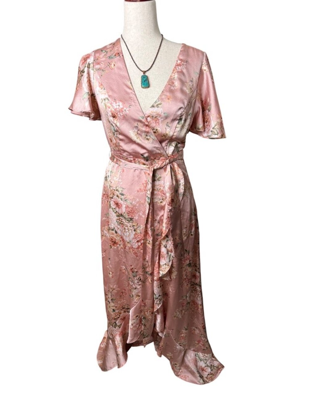 Dress Forum Satin Wrap Maxi Dress Ruffle Hem Flutter Sleeves Floral Garden Small